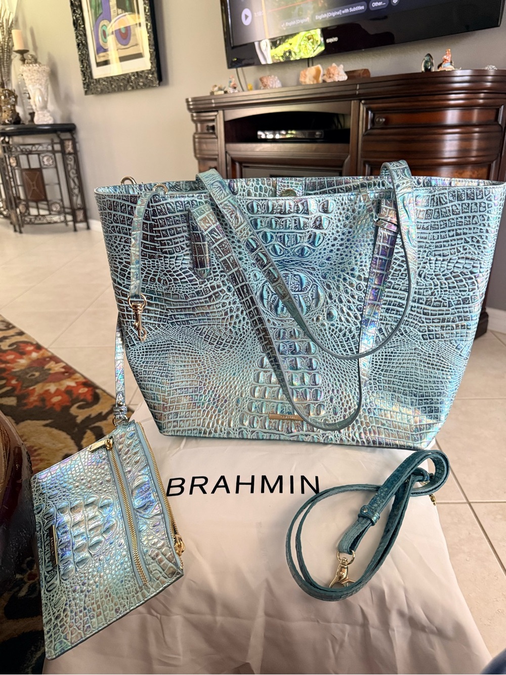 Brahmin Iridescent Teal Croc-Embossed Tote with Matching Pouch